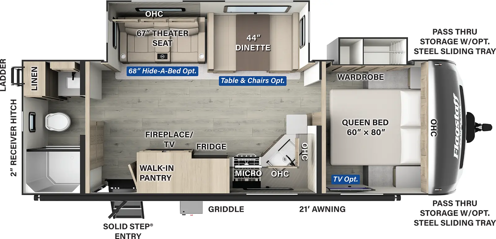 The Flagstaff Super Lite Travel Trailers 26RBWS has one entry and two slide outs. Exterior features include: fiberglass exterior and 21' awning. Interiors features include: free-standing dinette option, front bedroom and rear bathroom.